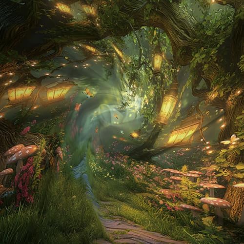 Fantasy Forest Path Shower Curtain Fairy Magical Enchanted Misty Jungle Mushroom Floral Tree Butterfly Lantern Wonderland Plant Bath Curtain Fabric Bathroom Accessories Decor with Hooks 47W x70L