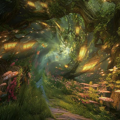 Fantasy Forest Path Shower Curtain Fairy Magical Enchanted Misty Jungle Mushroom Floral Tree Butterfly Lantern Wonderland Plant Bath Curtain Fabric Bathroom Accessories Decor with Hooks 47W x70L