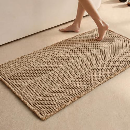 Sunfly Boho Bathroom Rug, Herringbone Waffle Bath Mat Non-Slip Washable Super Absorbent Quick Dry, Farmhouse Bath Mat for Bathroom Floor Decor 24"*48" Khaki