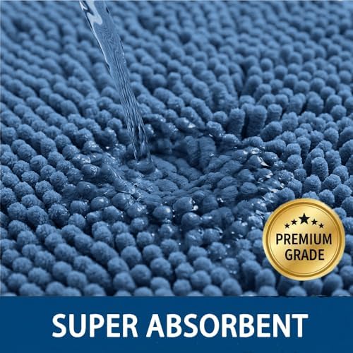 Bathroom Rugs Sets 2 Piece,Super Absorbent Chenille Bath Mats and U-Shaped Toilet Rug,Strong PVC Non Slip Backing,Microfiber Washable Dry Quickly Bath Mats for Bathroom(20"x32"+20"x20"U, Medium Blue)