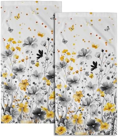 Spring Floral Hand Towels 14x28 Inch Set of 2 Watercolor Grey Yellow Wildflowers Absorbent Soft Dish Washing Cloth Tea Towels for Home Kitchen Bathroom Gym Hotel Spa Decor