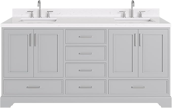 ARIEL Stafford 72-inch Bathroom Vanity with Sink,Solid Wood, 1.5-inch Carrara White Quartz Countertop & Backsplash, Double Rectangular Porcelain Sink, 4 Soft Closing Doors, 6 Dovetail Drawers, Grey