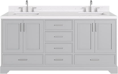 ARIEL Stafford 72-inch Bathroom Vanity with Sink,Solid Wood, 1.5-inch Carrara White Quartz Countertop & Backsplash, Double Rectangular Porcelain Sink, 4 Soft Closing Doors, 6 Dovetail Drawers, Grey