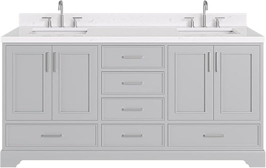 ARIEL Stafford 72-inch Bathroom Vanity with Sink,Solid Wood, 1.5-inch Carrara White Quartz Countertop & Backsplash, Double Rectangular Porcelain Sink, 4 Soft Closing Doors, 6 Dovetail Drawers, Grey