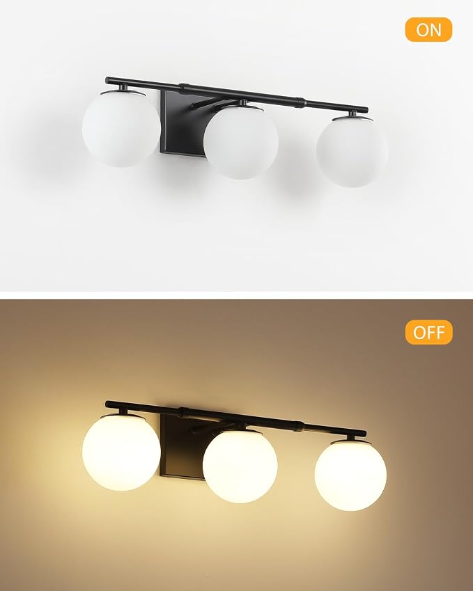 Bathroom Vanity Light Brushed Black 3T Wall Sconce for Mirror | Modern fixture Globe Glass Shade brightness, elivers even brightness. Sturdy metal resists rust. Dresser Bathroom over Mirror