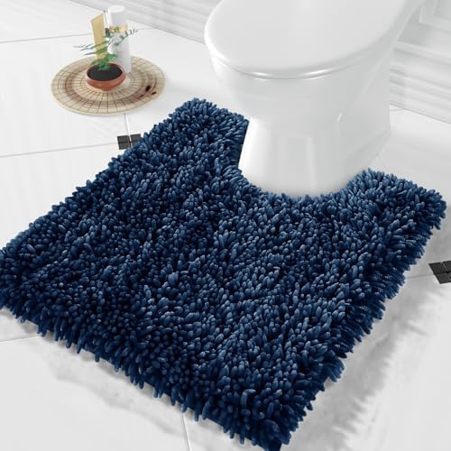 Yimobra Toilet Rugs U Shaped Washable, Extra Thick Soft Absorbent Chenille Contour Bathroom Rugs for Toilet 24x20 Inch, Quick Dry Non Slip Toilet Mat for Bath Floor, Blue