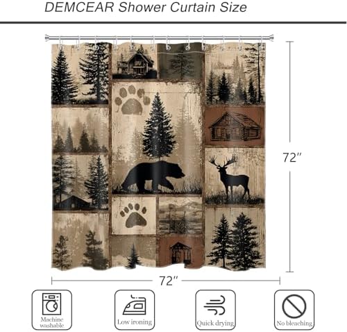 Rustic Cabin Lodge Bear Shower Curtain, Brown Forest, 72x72 inch