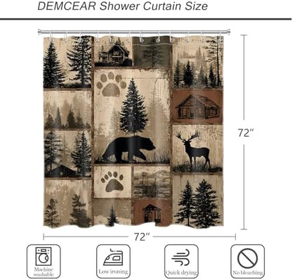 Rustic Cabin Lodge Bear Shower Curtain, Brown Forest, 72x72 inch