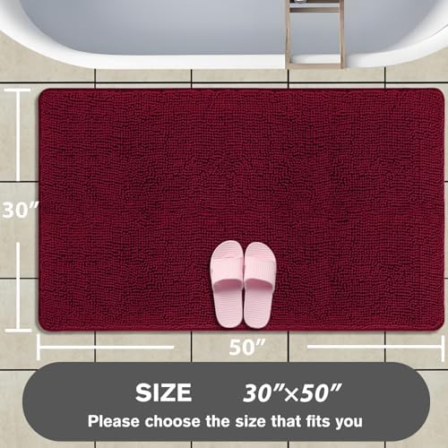 Bathroom Rugs 30 x 50 Inch – Extra Large Bath Mat | Absorbent and Washable Thick Chenille Bath Rugs Non-Slip Runner Rug for Bathroom, Shower, Tub(Vivid Burgundy)