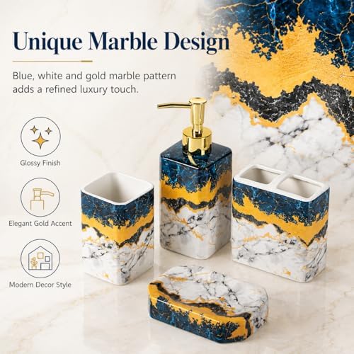 4 Piece Bathroom Accessories Set - Blue Bathroom Accessory Sets Includes Lotion Dispenser, Toothbrush Holder Tumbler, and Soap Dish - Glossy Finish (Marble, Blue)