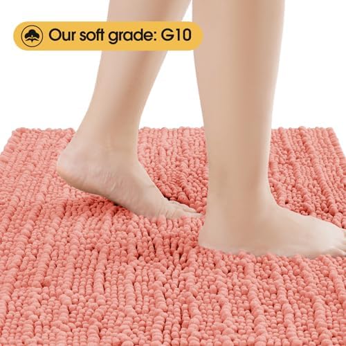 ACCUMTEK Upgrade Luxury 2 Piece Coral Toilet Bathroom Rug Mat U Shape 24"x20"+48"x20", Ultra Soft Thick Absorbent Bath Mats, Non Slip Chenille Toilet Mat for Bathroom, Bedroom, Kitchen, Shower, Tub
