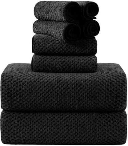 8-Piece Bath Towel Set, 2 Extra Large Bath Towel Sheets, 2 Hand Towels and 4 Washcloths - Highly Absorbent Quick Dry Microfiber,Ultra Soft Towel Set for Bathroom,Waffle Weave Design, Pack of 8 (Black)