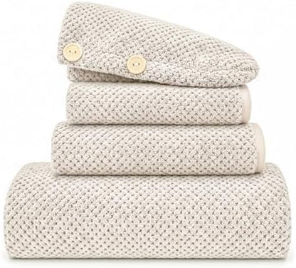 Oversize Bath Towels for Bathroom 35x70 Inches, 4-Piece Bathroom Set (1 Bath Towel, 1 Hair Towel, 1 Hand Towel, 1 Washcloth) Towels for Bathroom Set Soft and Absorbent Shower Towels Khaki
