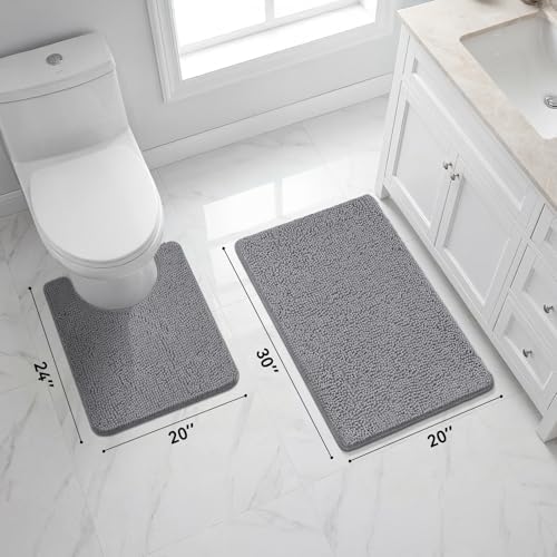 Bcoimo U Shaped Bath Rug Mat Set,2 Piece Chenille Gray Toilet Bathroom Rugs