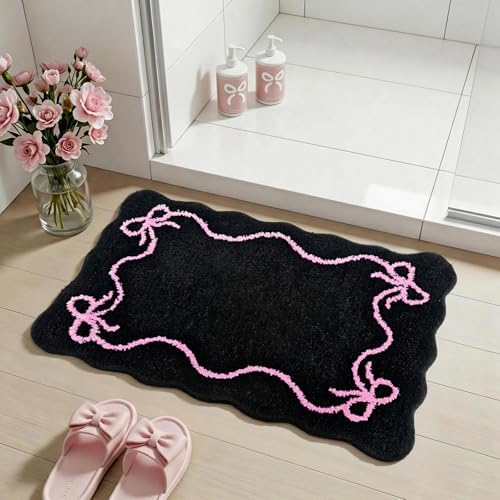 Mocsicka Pink Bow Bath Mat Cute Bow Bathroom Rug Super Soft Absorbent Black Pink Bathroom Rugs Non Slip Bath Mat Machine Washable Rug for Bathrooms 20x32 inches