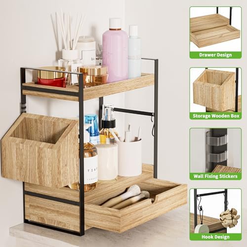 2-Tier Bathroom Counter Organizer, Wooden Vanity Shelf with Drawer & Basket