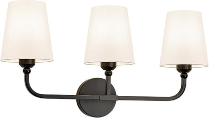 Bathroom Vanity Light, Matte Black Bathroom Light Fixtures, 3-Light Lighting Fixtures Over Mirror, Modern Wall Sconce with Flared White Fabric Shade, E26 Socket(ETL Listed)