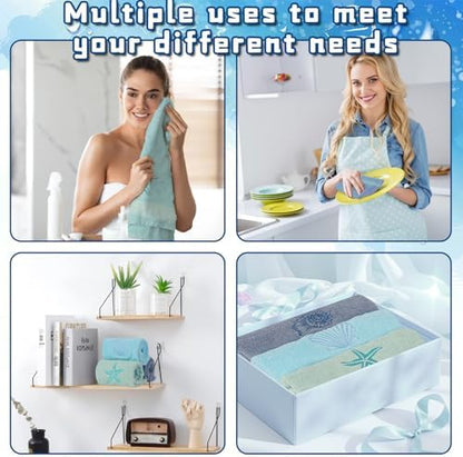 3 Pcs Coastal Hand Towels Ocean Decorative Bathroom Towels Decors Beach Hand Towel Embroidered Towel Decorative Set 100% Cotton Soft Absorbent Towels for Bathroom Decors