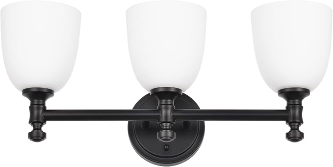 Black Bathroom Vanity Light, 3-Light Bathroom Light Fixtures Over Mirror, Traditional Vanity Lights for Living Room, Milk White Bell Glass Shades, Standard E26 Base, Matte Black