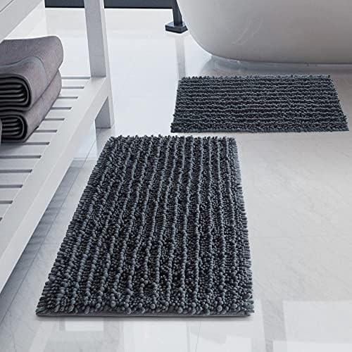 Luxury Chenille Charcoal Grey Bathroom Rugs Sets 2 Piece, Thickened Hot Melt Rubber Bottom Bath Mats for Bathroom Non Slip,Bath Rugs Quick Dry Machine Washable for Shower Mat (32"x20"+17"x24")