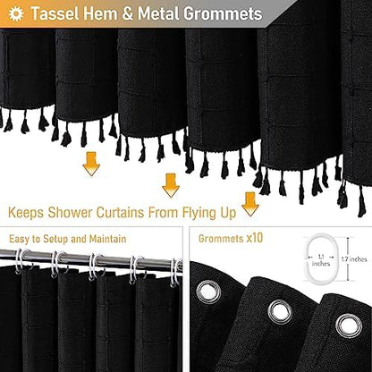 BTTN 60x72 Boho Farmhouse Linen Heavy Duty Fabric Shower Curtain Set, Black