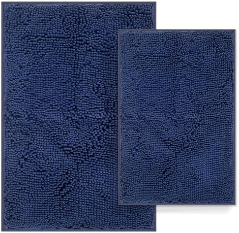 RUN HELIX Navy Blue Bathroom Rug Mat Set, Extra Thick and Absorbent Chenille Soft Plush Shaggy Non-Slip Bath Mats, Washable for Bathrooms, 24x16+20x32 Inch