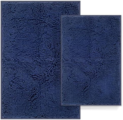 RUN HELIX Navy Blue Bathroom Rug Mat Set, Extra Thick and Absorbent Chenille Soft Plush Shaggy Non-Slip Bath Mats, Washable for Bathrooms, 24x16+20x32 Inch