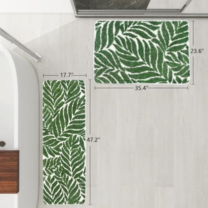 Dark Green Leaf Bathroom Rugs - Bath Mats for Bathroom Non Slip Machine Washable Decor Water Absorbent Bath Rugs for Sink Bathtub and Shower Leaves 24" x 36"