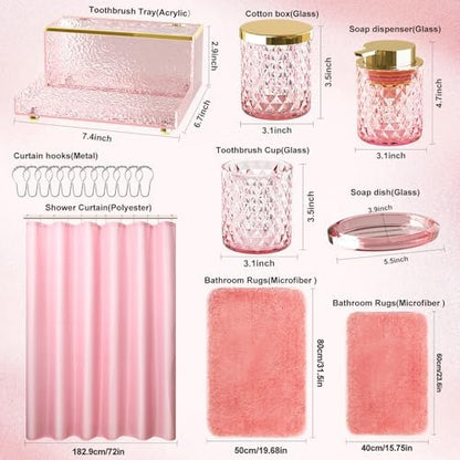 Pink Bathroom Accessories Set - 20PCS Glass Bathroom Set with Shower Curtain and Rugs, Soap Dispenser, Soap Dish, Cup, Qtip Jar, Toothbrush Holder, Stylish & Functional Bath Decor for Home, Apartment