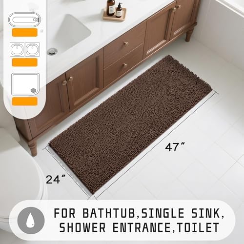 Yimobra Long Bathroom Rugs 47"x24", Extra Soft Non Slip Bath Mat for Tub, Super Absorbent Quick Dry Shaggy Rug Floor Carpet, Machine Washable,Brown