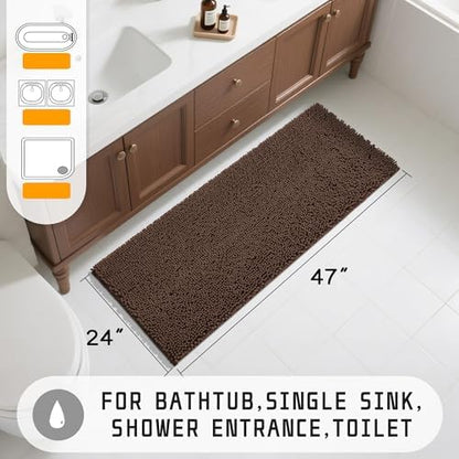 Yimobra Long Bathroom Rugs 47"x24", Extra Soft Non Slip Bath Mat for Tub, Super Absorbent Quick Dry Shaggy Rug Floor Carpet, Machine Washable,Brown