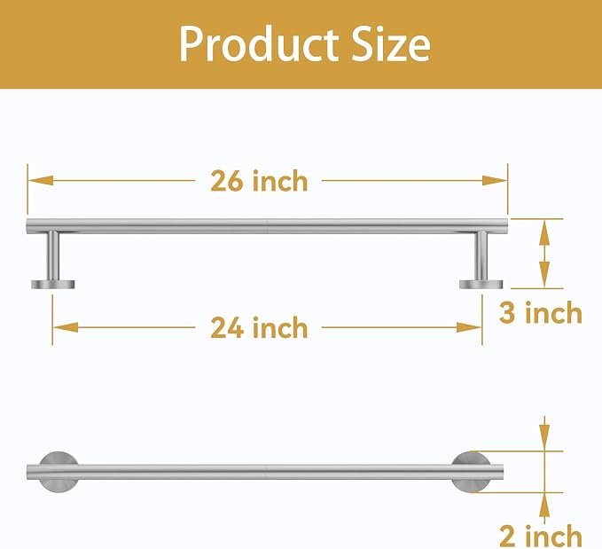 Brushed Nickel Towel Bar, 24 Inch Bathroom Towel Rack | Towel Holder Wall Mounted, Thicken SUS304 Stainless Steel Towel Rod Modern Home Decor (Total Length 26 Inch)