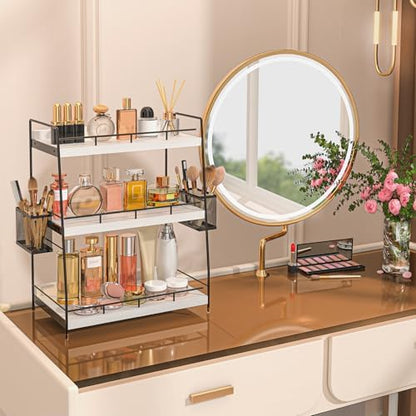 Wood Bathroom Counter Organizer with Metal Frame for Vanity Storage ,White