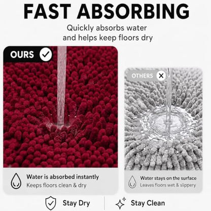 Bathroom Rugs Sets 2 Piece,Super Absorbent Soft,Thick,Machine Washable Chenille Bath Mat,Non Slip Toilet Floor Rug,Bath Mats for Bathroom,20x32 Plus 20x20 U Shape,Burgundy