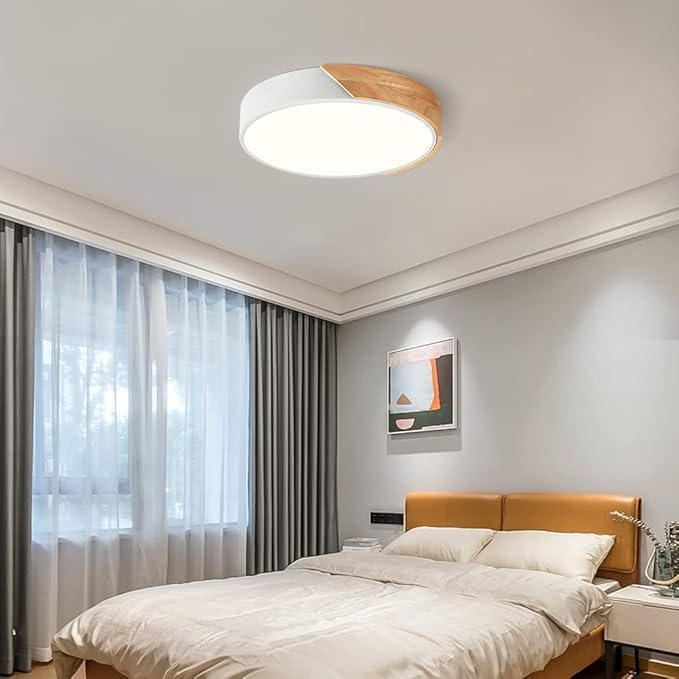 Vikaey Modern Dimmable LED Ceiling Light, Minimalist Wood Style 5CCT 2700K-6000K Flush Mount Ceiling Light Fixture, Round Lighting Lamp for Bedroom, Laundry Room, Hallway, White, 11.8"