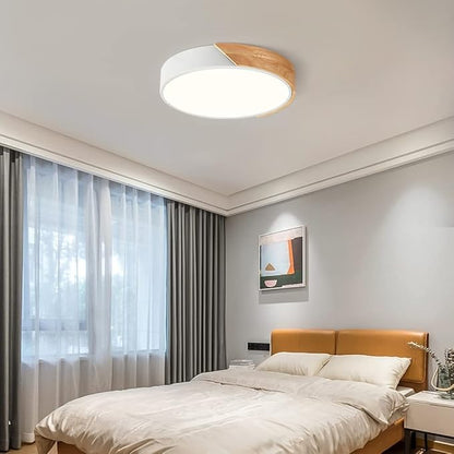Vikaey Modern Dimmable LED Ceiling Light, Minimalist Wood Style 5CCT 2700K-6000K Flush Mount Ceiling Light Fixture, Round Lighting Lamp for Bedroom, Laundry Room, Hallway, White, 11.8"