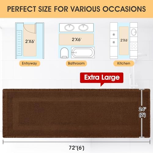 Extra Large Waffle Bath Mat, Boho Woven Modern Bath Rug Absorbent Non Slip, Ultra Soft Bathroom Mats, Machine Washable Knit Bath Rugs with Tassels for Bathroom, Bedroom, Kitchen, Shower, 6'x2', Brown