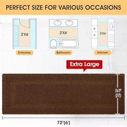 Extra Large Waffle Bath Mat, Boho Woven Modern Bath Rug Absorbent Non Slip, Ultra Soft Bathroom Mats, Machine Washable Knit Bath Rugs with Tassels for Bathroom, Bedroom, Kitchen, Shower, 6'x2', Brown