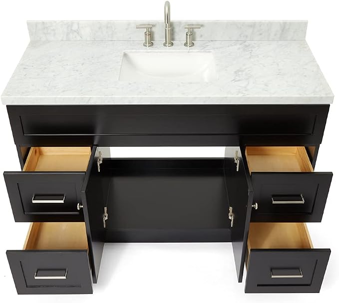 DKB Bradford 54" Black Single Bathroom Vanity with Sink, 1.5" Italian Carrara Marble Countertop, Rectangular Undermount Sink, 2 Soft Closing Doors, 4 Dovetail Drawers