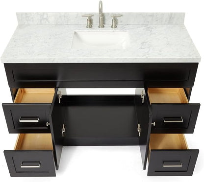 DKB Bradford 54" Black Single Bathroom Vanity with Sink, 1.5" Italian Carrara Marble Countertop, Rectangular Undermount Sink, 2 Soft Closing Doors, 4 Dovetail Drawers
