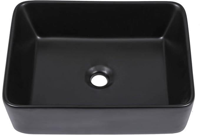 19"x15" Black Bathroom Vessel Sink Rectangular - Matte Black Porcelain Ceramic Rectangle Above Counter Vanity Lavatory Bath Sink Art Basin