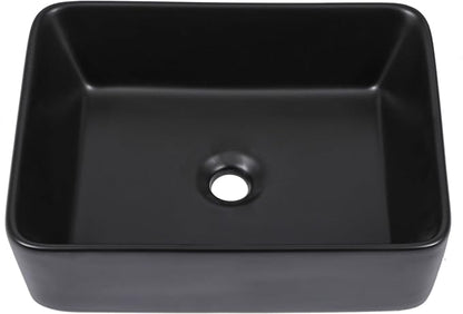 19"x15" Black Bathroom Vessel Sink Rectangular - Matte Black Porcelain Ceramic Rectangle Above Counter Vanity Lavatory Bath Sink Art Basin