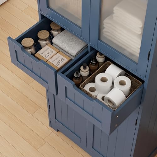HORSTORS 67" H Bathroom Storage Cabinet, Blue Linen Cabinet with Drawers