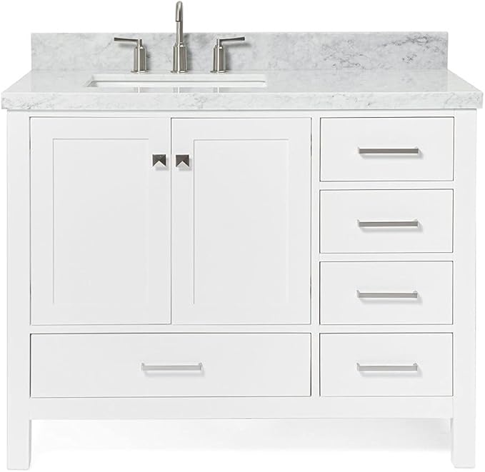 ARIEL Cambridge 42-inch Bathroom Vanity with Sink,Solid Wood, 1.5-inch Italian Carrara Marble Countertop, Single Rectangular Porcelain Sink, 2 Soft Closing Doors, 5 Dovetail Drawers, White
