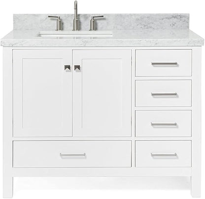 ARIEL Cambridge 42-inch Bathroom Vanity with Sink,Solid Wood, 1.5-inch Italian Carrara Marble Countertop, Single Rectangular Porcelain Sink, 2 Soft Closing Doors, 5 Dovetail Drawers, White