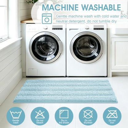 Striped Spa Blue Bathroom Rug Set 3 Pieces Ultra Soft, Non Slip Chenille Bath Carpet, Absorbent Plush Shaggy Bath Mats for Bathroom, Toilet, Bedroom, Kitchen