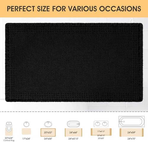 Upgrade Waffle Bath Mat, Boho Bathroom Rugs Absorbent Non Slip, Ultra Soft Bathroom Mat, Machine Washable Knit Bath Rugs with Border for Bathroom, Bedroom, Kitchen, Shower, Tub, 32"x20", Black