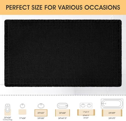 Upgrade Waffle Bath Mat, Boho Bathroom Rugs Absorbent Non Slip, Ultra Soft Bathroom Mat, Machine Washable Knit Bath Rugs with Border for Bathroom, Bedroom, Kitchen, Shower, Tub, 36"x24", Black