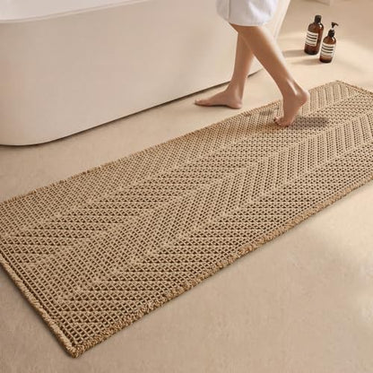 Sunfly Bathroom Runner Rug,Boho Herringbone Waffle Bath Mat Non-Slip Washable Super Absorbent Quick Dry, Farmhouse Bath Mat for Bathroom Floor Decor 24"x72" Khaki