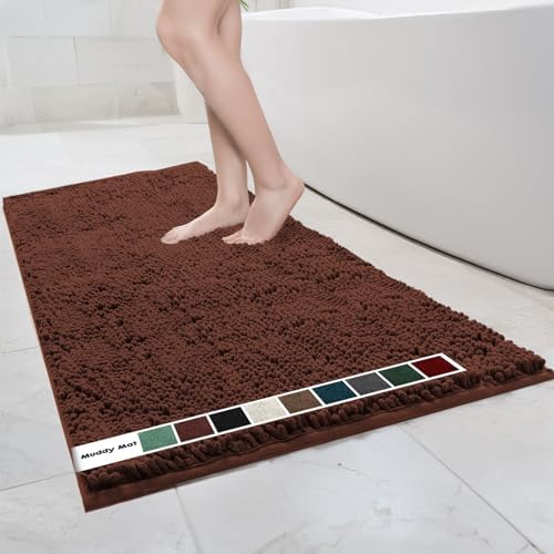 Muddy Mat® | Chenille Bathroom Rugs Quick Dry Microfiber Mats Non Slip Washable, Extra Thick, Soft and Highly Absorbent Bath Mats for Bathroom, Kitchen, and Shower Floor - Brown 35"x59"